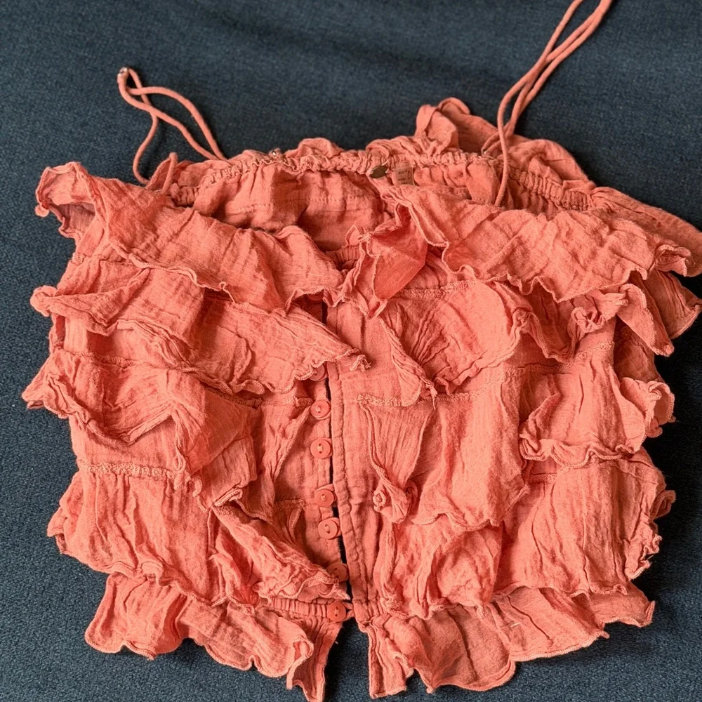 Free People Coral Ruffle Button-Front Crop Top